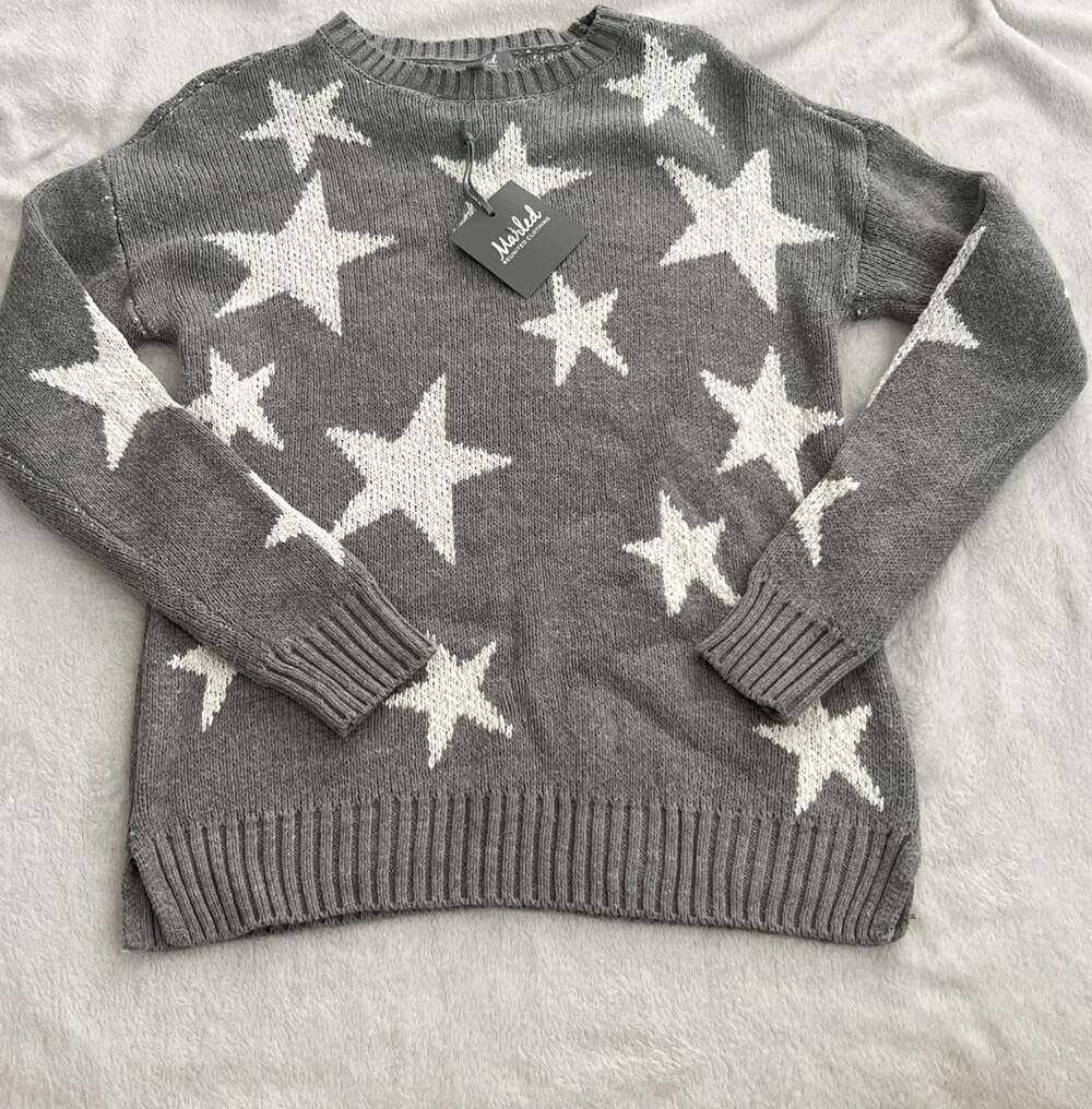 Marled Reunited Clothing Star Sweater Size M Gray White Pullover Knit